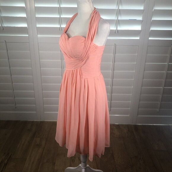 Peach Chiffon Cocktail Dress 6 Bridesmaid Homecoming Pleated Bodice Halter - Picture 3 of 11